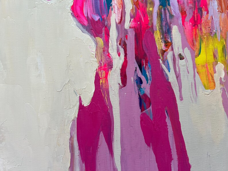 May include: Abstract painting with a textured white background and vibrant, dripping paint in shades of pink, purple, yellow, and blue. The artwork features a dynamic composition with visible brushstrokes and a modern aesthetic.