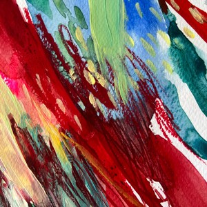 May include: An abstract painting on textured paper featuring bold, sweeping brushstrokes in vibrant red, deep teal, bright blue, and lime green. Small, scattered gold paint marks add texture and contrast against the layered, colorful composition.
