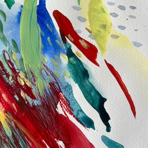 May include: An abstract painting on textured paper featuring bold, expressive brushstrokes in vibrant shades of red, deep blue, forest green, and bright yellow. The composition includes scattered small gray dashes and gold paint accents.
