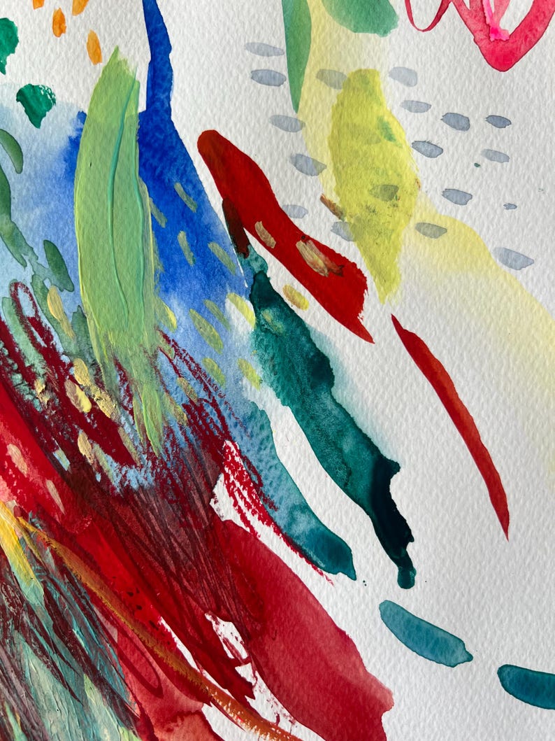 May include: An abstract painting on textured paper featuring bold, expressive brushstrokes in vibrant shades of red, deep blue, forest green, and bright yellow. The composition includes scattered small gray dashes and gold paint accents.