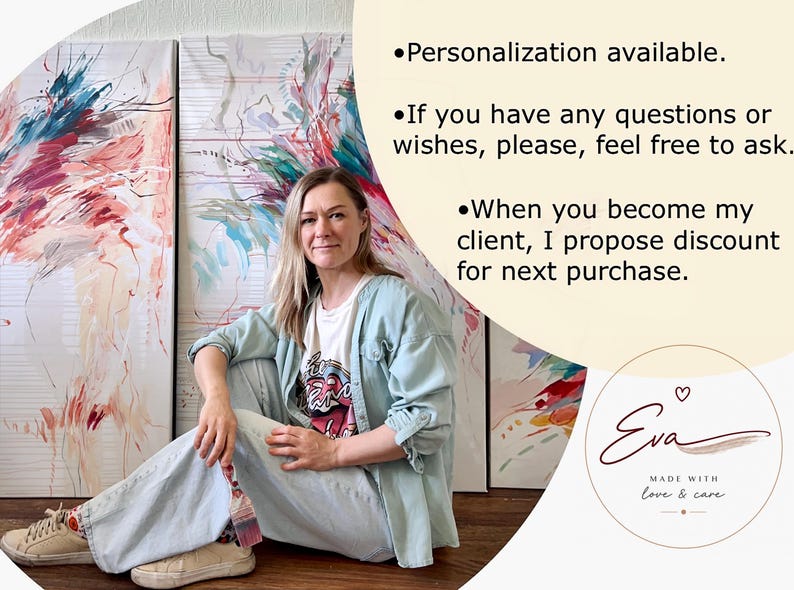 May include: An artist sits in front of three abstract paintings with red, blue, and green brushstrokes. The artist wears a light blue jacket, white t-shirt, and light blue jeans. Text on the image says "Personalization available."