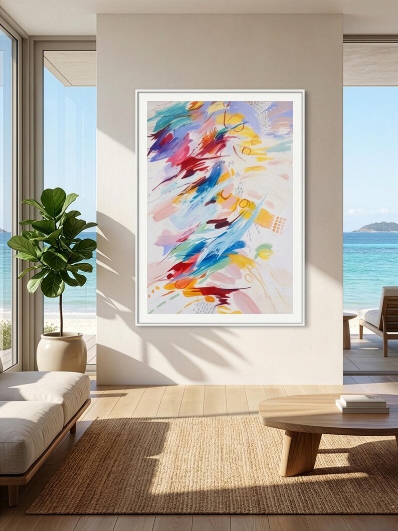 May include: A vertical rectangular framed wall art piece featuring an abstract composition of vibrant brushstrokes in shades of red, blue, yellow, and soft pink against a white background, displayed in a thin white frame on a neutral wall.