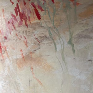 May include: An abstract painting on canvas featuring a textured, neutral beige background layered with expressive, gestural brushstrokes in shades of vibrant red, soft orange, and muted sage green, creating a dynamic composition of color and movement.