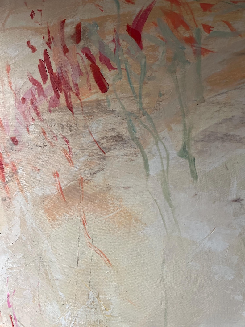 May include: An abstract painting on canvas featuring a textured, neutral beige background layered with expressive, gestural brushstrokes in shades of vibrant red, soft orange, and muted sage green, creating a dynamic composition of color and movement.