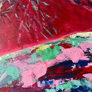 May include: Abstract painting with thick brushstrokes in shades of red, pink, green, and blue. The artwork features a textured surface with visible paint layers, creating a dynamic and expressive composition. The painting's style is reminiscent of modern art.