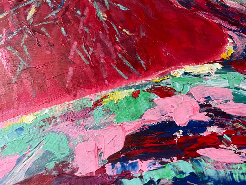 May include: Abstract painting with thick brushstrokes in shades of red, pink, green, and blue. The artwork features a textured surface with visible paint layers, creating a dynamic and expressive composition. The painting's style is reminiscent of modern art.