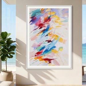 May include: A vertical rectangular framed wall art piece featuring an abstract composition of expressive, sweeping brushstrokes in vibrant shades of red, yellow, blue, and soft pink against a white background, enclosed in a simple white frame.