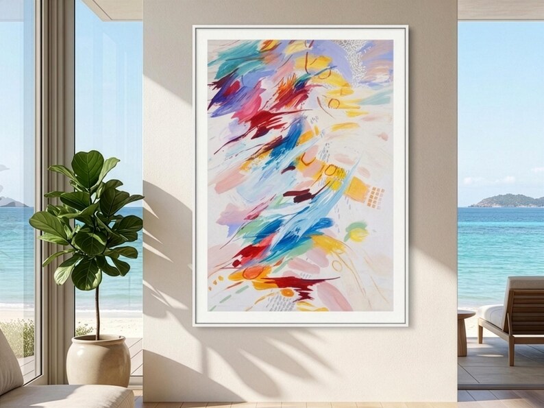 May include: A vertical rectangular framed wall art piece featuring an abstract composition of expressive, sweeping brushstrokes in vibrant shades of red, yellow, blue, and soft pink against a white background, enclosed in a simple white frame.