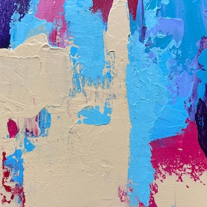 May include: Abstract painting with thick brushstrokes in shades of beige, light blue, pink, and deep purple. The textured surface creates a dynamic and expressive artwork. The artwork is a close-up view of the painted canvas.