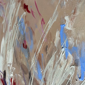 May include: Abstract painting with a beige background and brushstrokes in white, blue, red, and pink. The artwork features a textured surface with visible paint layers, creating a dynamic and expressive composition. The style is reminiscent of modern abstract art.