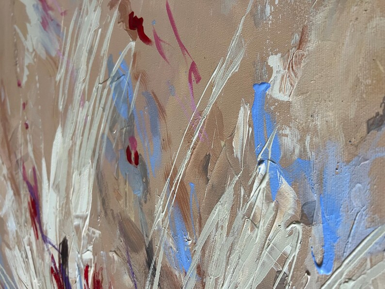 May include: Abstract painting with a beige background and brushstrokes in white, blue, red, and pink. The artwork features a textured surface with visible paint layers, creating a dynamic and expressive composition. The style is reminiscent of modern abstract art.