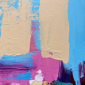 May include: Abstract painting with thick brushstrokes in shades of beige, light blue, pink, purple, and burgundy. The artwork features a textured surface with visible paint layers, creating a dynamic and colorful composition.