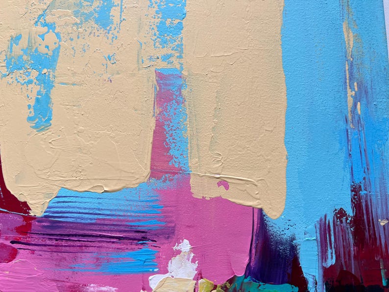 May include: Abstract painting with thick brushstrokes in shades of beige, light blue, pink, purple, and burgundy. The artwork features a textured surface with visible paint layers, creating a dynamic and colorful composition.