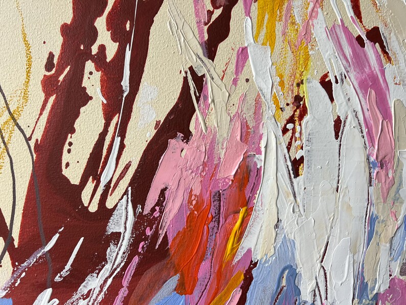 May include: Abstract painting with thick brushstrokes in shades of red, white, pink, yellow, and blue. The artwork features a textured surface with visible paint layers and a cream-colored background. The style is expressive and modern.