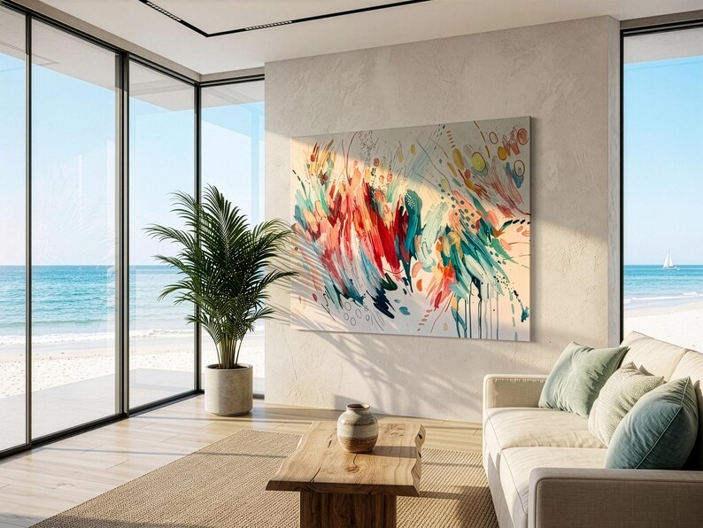 Pode incluir: Uma grande pe&ccedil;a de arte de parede retangular com uma composi&ccedil;&atilde;o abstrata de pinceladas vibrantes em vermelho, azul-petr&oacute;leo, laranja e amarelo sobre um fundo creme claro, acentuada com linhas pretas finas, pontos e formas circulares.