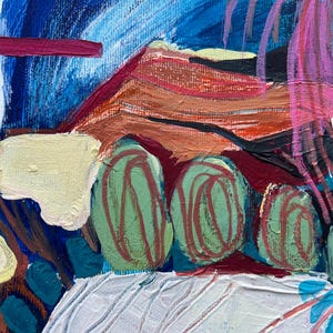 May include: Abstract acrylic painting with a vibrant color palette. The artwork features a blend of blues, oranges, greens, and pinks, with textured brushstrokes and layered shapes. The composition includes organic forms and bold lines, creating a dynamic visual experience.