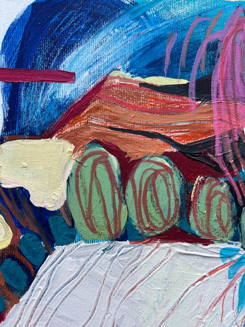 May include: Abstract acrylic painting with a vibrant color palette. The artwork features a blend of blues, oranges, greens, and pinks, with textured brushstrokes and layered shapes. The composition includes organic forms and bold lines, creating a dynamic visual experience.