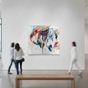 May include: An abstract painting with a mix of colors, including blue, red, and orange, hangs on a white wall in an art gallery. The artwork is the focal point, with blurred figures of people in the background.