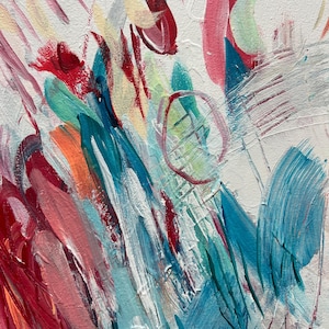 May include: An abstract painting featuring thick, textured brushstrokes in shades of deep red, bright teal, soft pink, and orange against a white background. The composition includes layered paint applications, visible canvas texture, and a thin red circle.