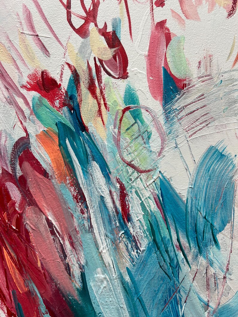 May include: An abstract painting featuring thick, textured brushstrokes in shades of deep red, bright teal, soft pink, and orange against a white background. The composition includes layered paint applications, visible canvas texture, and a thin red circle.