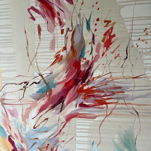 May include: Abstract painting with a beige background and colorful brushstrokes. The artwork features red, pink, blue, and white paint, creating a dynamic and expressive composition. The painting has a textured appearance with visible brush marks.
