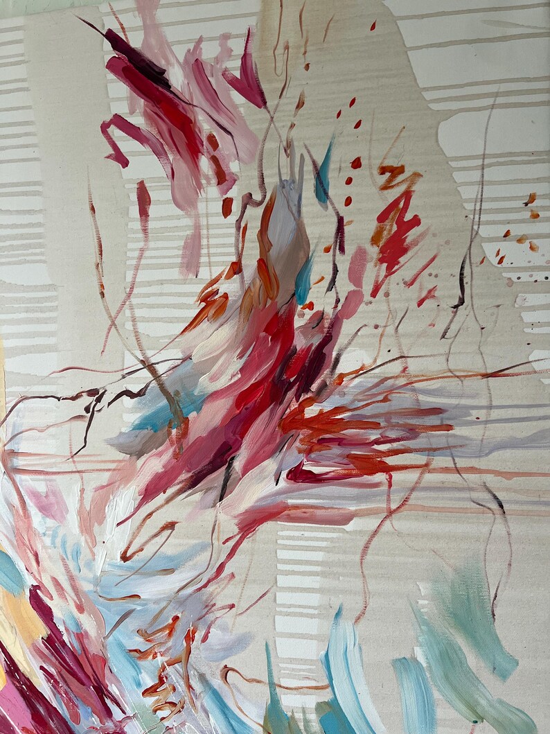 May include: Abstract painting with a beige background and colorful brushstrokes. The artwork features red, pink, blue, and white paint, creating a dynamic and expressive composition. The painting has a textured appearance with visible brush marks.