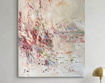 May include: A large rectangular canvas painting featuring an abstract composition with a cream-colored background. The artwork displays dynamic, sweeping brushstrokes in shades of deep red, burgundy, soft pink, sage green, and touches of bright blue.