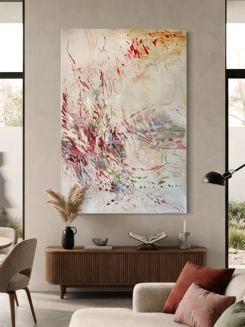 Original Abstract Acrylic Painting, Neutral Pink Red Textured Canvas (31.5 x 47.2 in) image 4