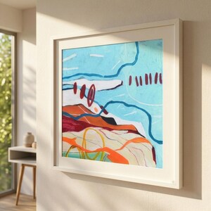Gicléetryck med kustabstrakt landskap, blåorange akvarellmålning, strandhusdekor bild 4