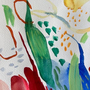 May include: An abstract watercolor painting on textured paper featuring a vibrant composition of organic shapes and brushstrokes in shades of forest green, bright red, deep blue, sunny yellow, and soft orange, accented by small gray and orange dots.