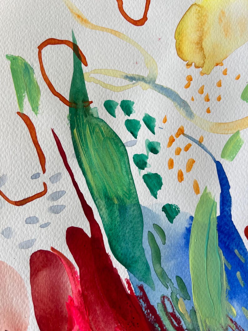 May include: An abstract watercolor painting on textured paper featuring a vibrant composition of organic shapes and brushstrokes in shades of forest green, bright red, deep blue, sunny yellow, and soft orange, accented by small gray and orange dots.
