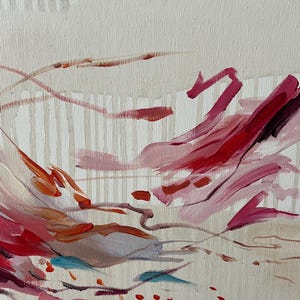 May include: Abstract painting on canvas with a palette of red, pink, and orange hues. The artwork features dynamic brushstrokes and a textured surface, creating a sense of movement and depth. The background has vertical stripes.