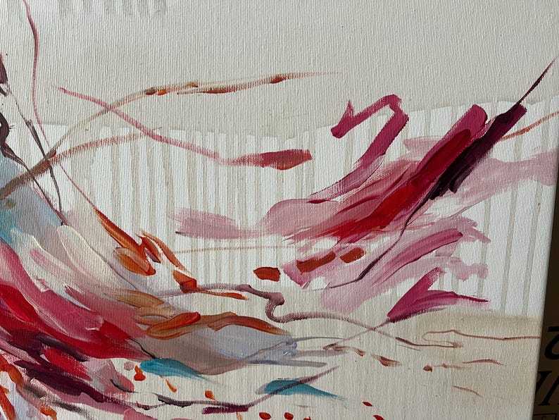 May include: Abstract painting on canvas with a palette of red, pink, and orange hues. The artwork features dynamic brushstrokes and a textured surface, creating a sense of movement and depth. The background has vertical stripes.