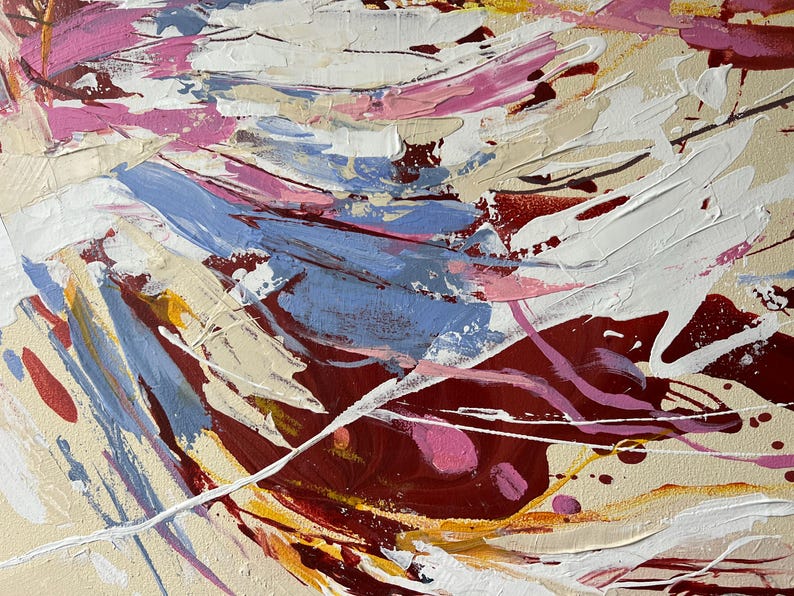 May include: Abstract painting with thick brushstrokes in shades of white, pink, blue, yellow, and burgundy. The artwork features a textured surface with visible paint layers, creating a dynamic and expressive composition. The painting's style is modern and contemporary.