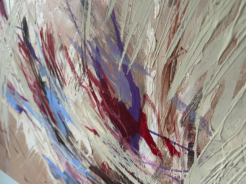 May include: Abstract painting with a textured surface. The artwork features a palette of beige, red, purple, and blue hues, applied with visible brushstrokes. The composition has a dynamic, energetic feel, with a focus on color and texture.