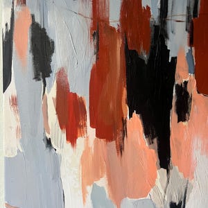 May include: An abstract painting featuring vertical brushstrokes in shades of terracotta, black, light grey, and soft peach. The composition displays layered paint textures with varying opacities, creating a dynamic interplay of dark and light tones across the canvas surface.