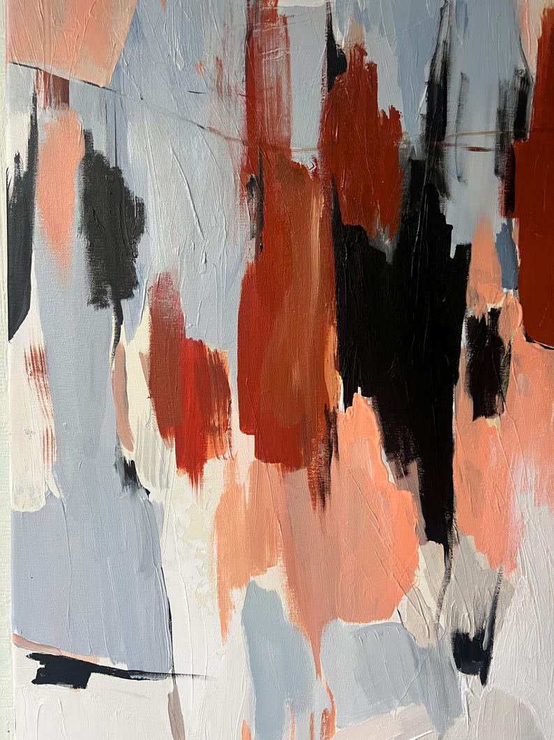May include: An abstract painting featuring vertical brushstrokes in shades of terracotta, black, light grey, and soft peach. The composition displays layered paint textures with varying opacities, creating a dynamic interplay of dark and light tones across the canvas surface.