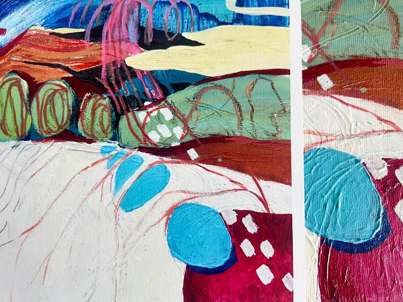 May include: An abstract painting featuring layered textures and bold colours including bright blue, deep magenta, sage green, and cream. The composition displays organic shapes, scribbled red lines, and white rectangular marks on a canvas surface.