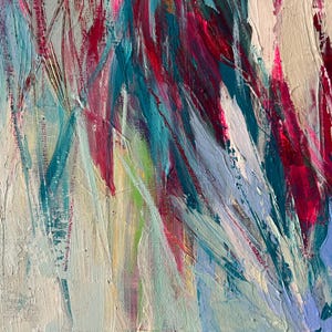 May include: Abstract painting with textured brushstrokes in shades of red, teal, white, and blue. The artwork features a dynamic composition with visible paint texture, creating a sense of movement and depth. The color palette is vibrant and expressive.