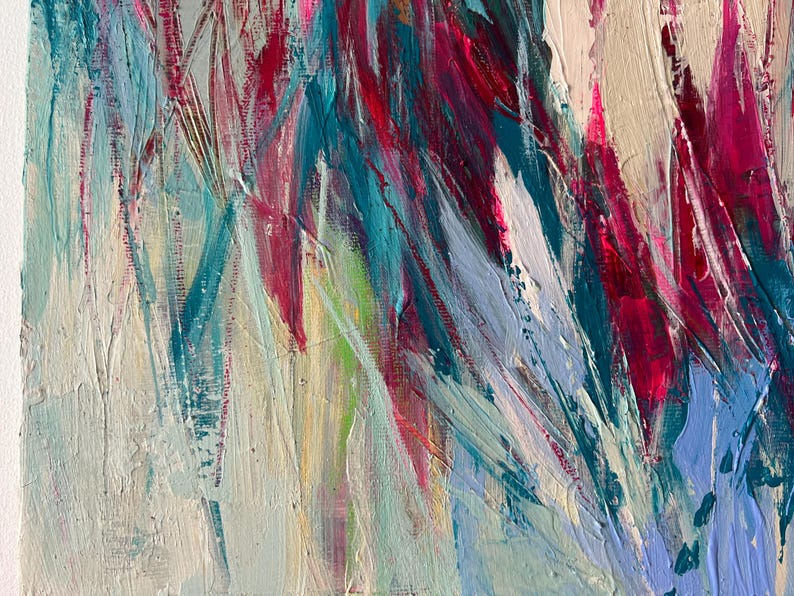 May include: Abstract painting with textured brushstrokes in shades of red, teal, white, and blue. The artwork features a dynamic composition with visible paint texture, creating a sense of movement and depth. The color palette is vibrant and expressive.