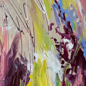 May include: Abstract painting with a beige background and bold brushstrokes in shades of pink, purple, yellow, white, and blue. The artwork features a textured surface with visible paint layers and drips, creating a dynamic and expressive composition.