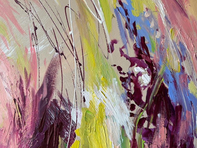 May include: Abstract painting with a beige background and bold brushstrokes in shades of pink, purple, yellow, white, and blue. The artwork features a textured surface with visible paint layers and drips, creating a dynamic and expressive composition.
