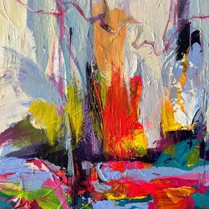 May include: Abstract painting with thick brushstrokes in a variety of colors. The artwork features a central orange and red area, surrounded by yellow, purple, blue, and pink hues. The background is a creamy white.