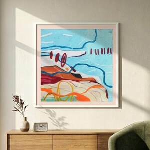 Gicléetryck med kustabstrakt landskap, blåorange akvarellmålning, strandhusdekor bild 3