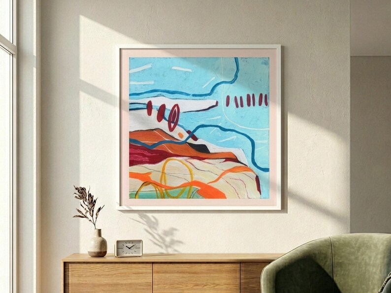 Gicléetryck med kustabstrakt landskap, blåorange akvarellmålning, strandhusdekor bild 3