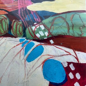 May include: An abstract painting featuring layered textures and bold colours. The composition includes deep red, bright blue, forest green, and cream sections. Thin red lines weave across the surface, connecting blue circular shapes and white marks.