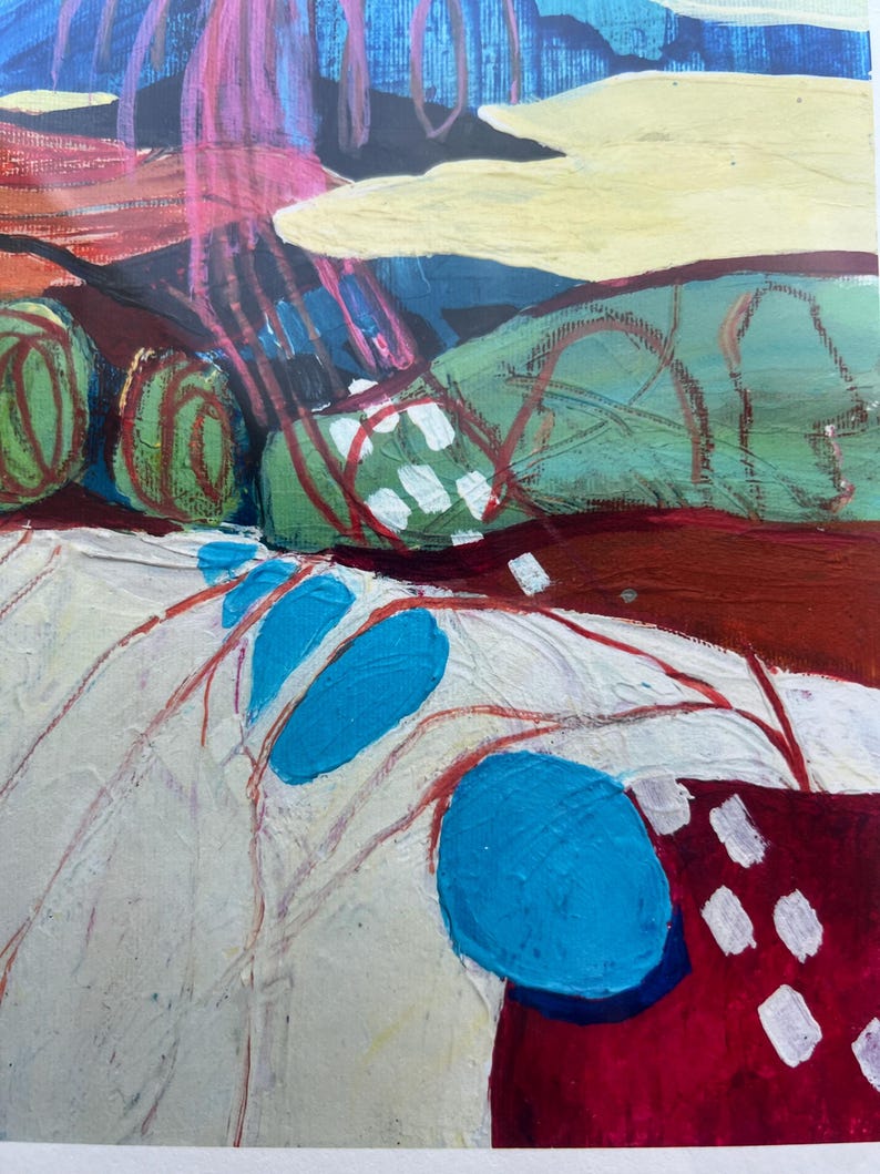 May include: An abstract painting featuring layered textures and bold colours. The composition includes deep red, bright blue, forest green, and cream sections. Thin red lines weave across the surface, connecting blue circular shapes and white marks.