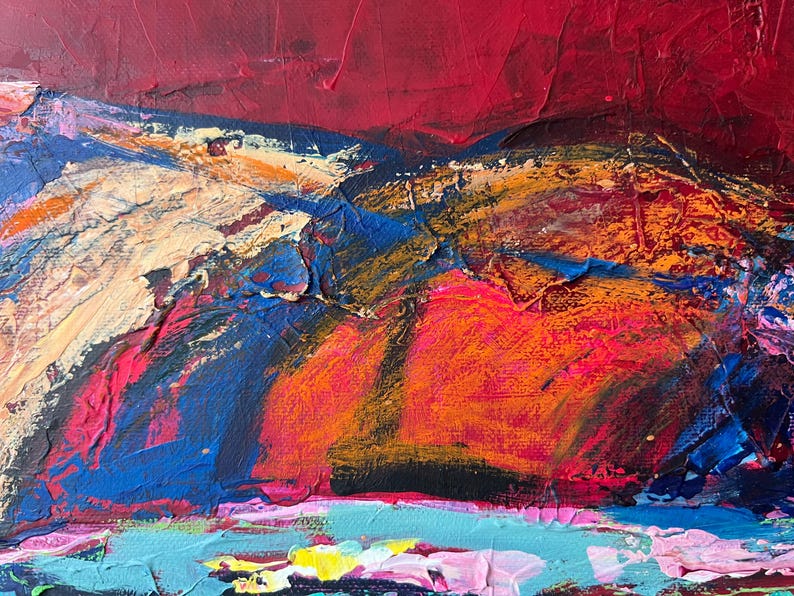 May include: Abstract painting with a textured surface. The artwork features a vibrant mix of colors, including red, orange, blue, and yellow. The brushstrokes create a sense of depth and movement, with a focus on the interplay of light and shadow.