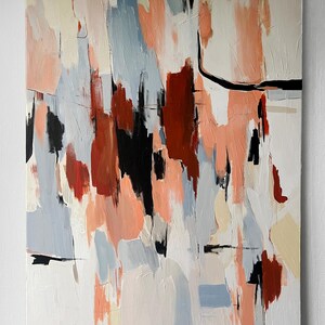 May include: A rectangular canvas painting featuring abstract vertical brushstrokes in shades of peach, light blue, cream, and deep red, accented by sharp black lines and marks against a textured off-white background with visible paint layers.