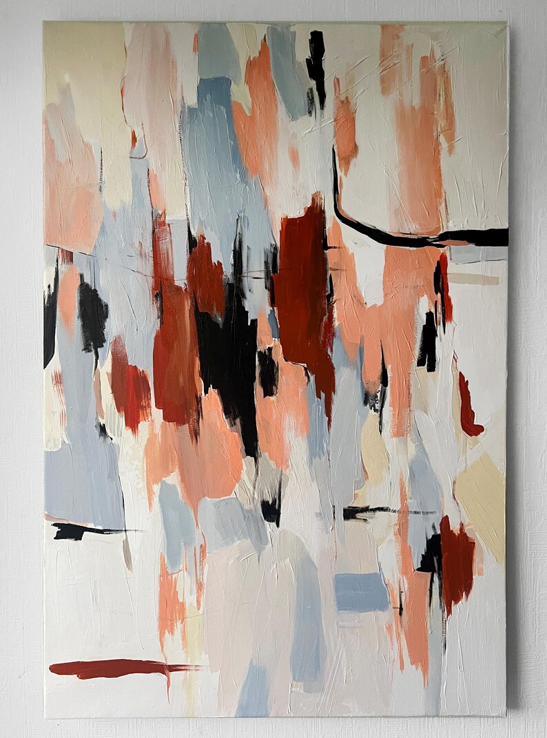 May include: A rectangular canvas painting featuring abstract vertical brushstrokes in shades of peach, light blue, cream, and deep red, accented by sharp black lines and marks against a textured off-white background with visible paint layers.